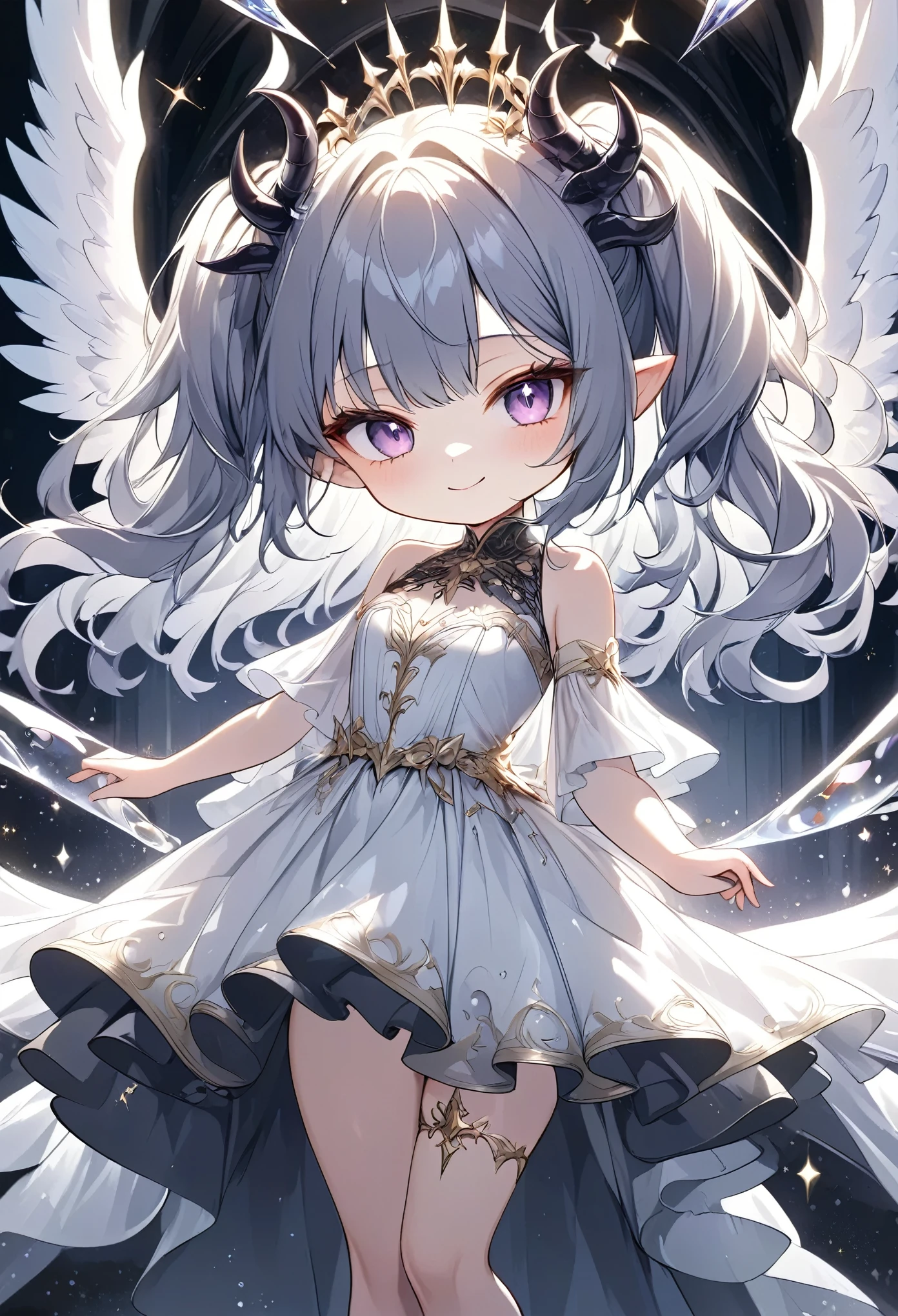 chibi, masterpiece, best quality, ultra-detailed, 1girl, dark gothic,drkgirl, demon attire, dark grow eyes, soft smile, light-filled background resembling death palace, delicate depiction crystal effect spell, flowing white and gold outfit, wings adorned with subtle sparkles, floating gracefully, dynamic pose, magical aura, pastel and soft lighting, whimsical and ethereal atmosphere, delicate and graceful composition