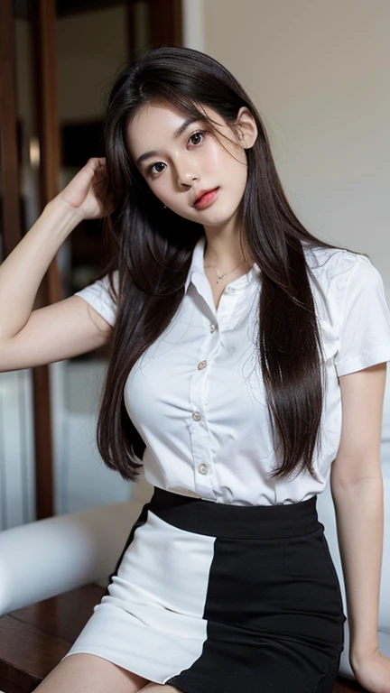 1girl, embarrassed, horny, perfect body, large breasts, fair skin, average face, light makeup, straight dark brown hair, Thai university uniform, white short arm shirt,  black pencilskirt, sexy pose, standing, feets, photo, from top, fullbody, night light, martial art, medium quality