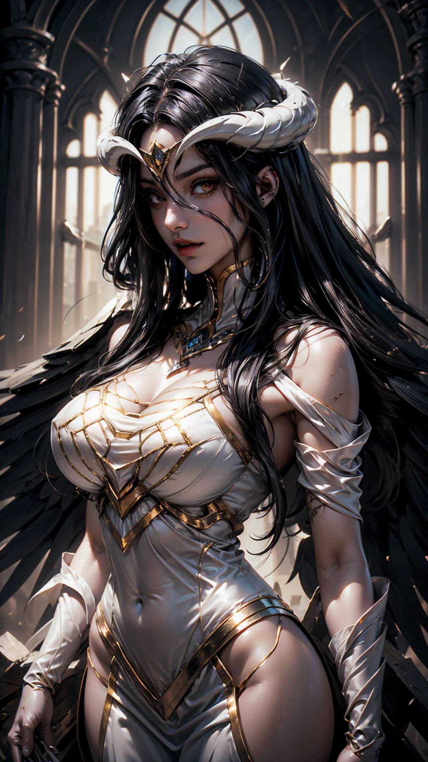 A (super realistic) beautiful girl, Albedo from overlord, best high res, best highest quallity, illustration, cinematic light, ultra detailed, detailed face, sexy face, (detailed eyes:1.05), (realistic eyes:1.05), best quality, hyper detailed, beautiful masterpiece, masterpiece, (detailed_face), highest details, luminous_eyes, huge breasts, beautiful nipple, an impeccable beauty, white attire, lustrous beautiful-black hair and the face of a goddess, glossy orange irises  ; on her left and right temples are two thick horns protruding crookedly, and on her waist are a pair of black angel wings, a pure white attire with silky gloves covering her slender hands and a golden spiderweb necklace that covers her shoulders and chest, full face visible, sexy face , perfect orange colour eyes, Full face visible, 