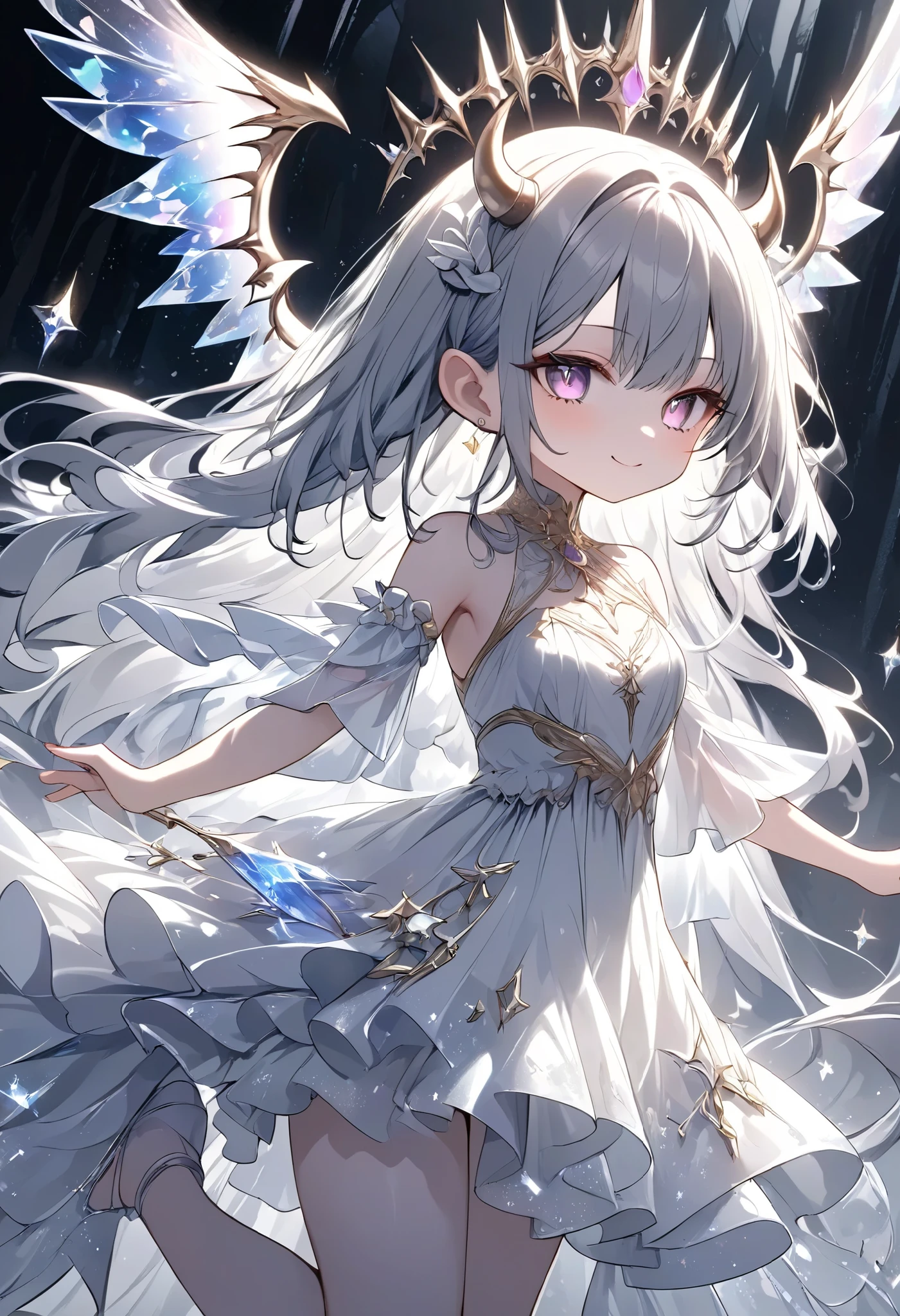 chibi, masterpiece, best quality, ultra-detailed, 1girl, dark gothic,drkgirl, demon attire, dark grow eyes, soft smile, light-filled background resembling death palace, delicate depiction crystal effect magic, flowing white and gold outfit, wings adorned with subtle sparkles, floating gracefully, dynamic pose, magical aura, pastel and soft lighting, whimsical and ethereal atmosphere, delicate and graceful composition