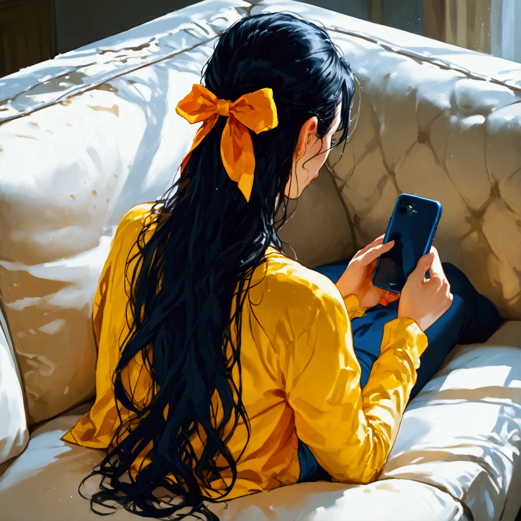 Create an image with the characteristics defined in the tag : A young woman lying on a white couch, seen from behind, with long black hair flowing smoothly down to the floor, tied with a large black ribbon in a bow shape. She is wearing a yellow long-sleeved top open at the back and minimalist black panties. Her skin is smooth and softly illuminated by natural light, with realistic shadows emphasizing the contours of her body and creating depth. She is holding a blue smartphone in her hands, interacting with it. The couch features detailed textures, with natural folds in the fabric, suggesting softness. The image is rendered in a semi-realistic art style, with soft colors, homogeneous lighting, and a focus on anatomical and fabric details. The background is simple and clean, emphasizing the character and the setting. The composition uses a slightly elevated perspective, highlighting the natural and relaxed movement of the body.