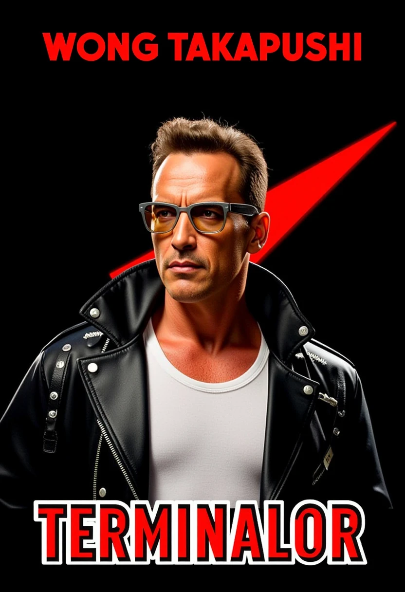 Parody Poster for the 1984 film Parody of 'Terminator' featuring a close-up of Schwarzenegger, also known as the Terminator. He is shown from the waist up with a stern expression, with a thin body facing slightly to the left. His short brown hair is styled upwards, and he wears clear rectangular glasses, wearing the open collar of his black leather jacket, which is unzipped to reveal a white shirt or tank top underneath. The jacket features prominent strap detailing along the edges and metallic buttons on the shoulder area. On his right hand, a red diagonal line radiates out from the back of his head against a pitch black background, creating a dynamic visual element and emphasizing his presence. The lighting is bright and dramatic, highlighting his facial features and clothing, casting strong shadows that accentuate the texture of his skin. In the top center of the poster, the name 'WONG TAKAPUSHI' is prominently displayed in bold red capital letters with white outlines and a 3D effect. In the bottom center, the title 'TERMINALOR' appears in a large, bold sans-serif font with a 3D effect, using a red to white gradient. The overall style is intense and action-oriented, typical of the science fiction and cyberpunk genres, with high contrast and saturation, creating a striking visual impact, wong-flux2