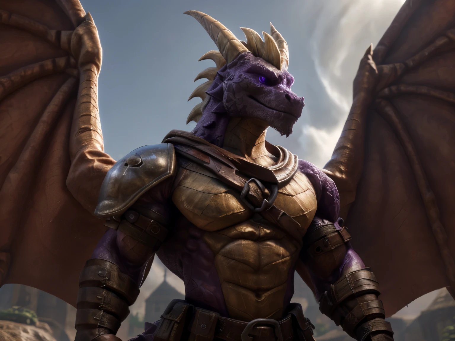 muscular male dragon, Spyro, Chad, bare chest muscles, medieval hero, adult, large, heroic pose, medieval fantasy, 2 Horns, 2 Wings, imposing, highly detailed, incredibly realistic, 8k, masterpiece, hyperrealistic, cinematic lighting, dramatic shadows, vivid colors, sharp focus, unreal engine, photorealistic, exquisite details