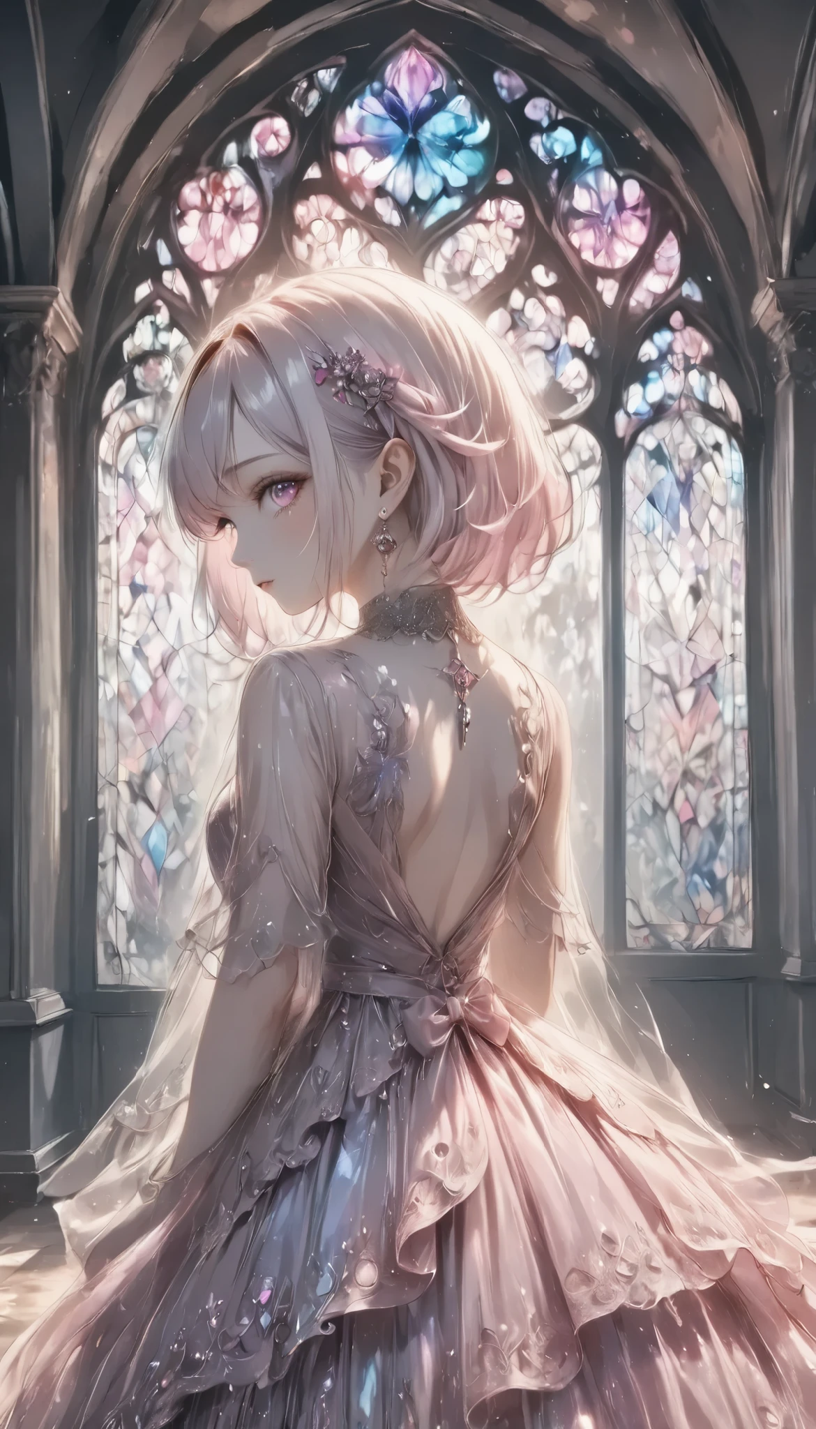 masterpiece, best quality, 8k, highres, ultra-detailed, HDR, UHD, pastel,
Low Fidelity (lofi) art style,
pastel pink and purple tones, crystal,anime style,1girl,full body,ground view,rear view,Transparent white skin,drkgirl,dark gothic