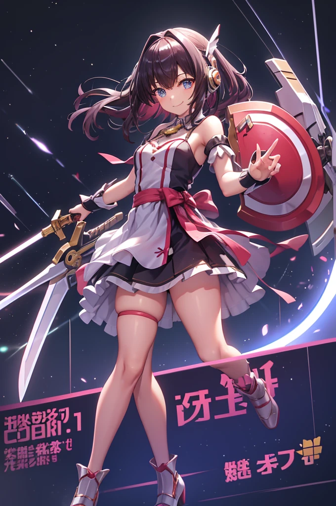 smile、smile、mecha wing、Thighs、tights、chest、 shiny hair、 1 girl、 solo girl 、 headphones、idol dress、 I have a sword、 has a shield、mecha girl、 miniskirt that snaps around the knee