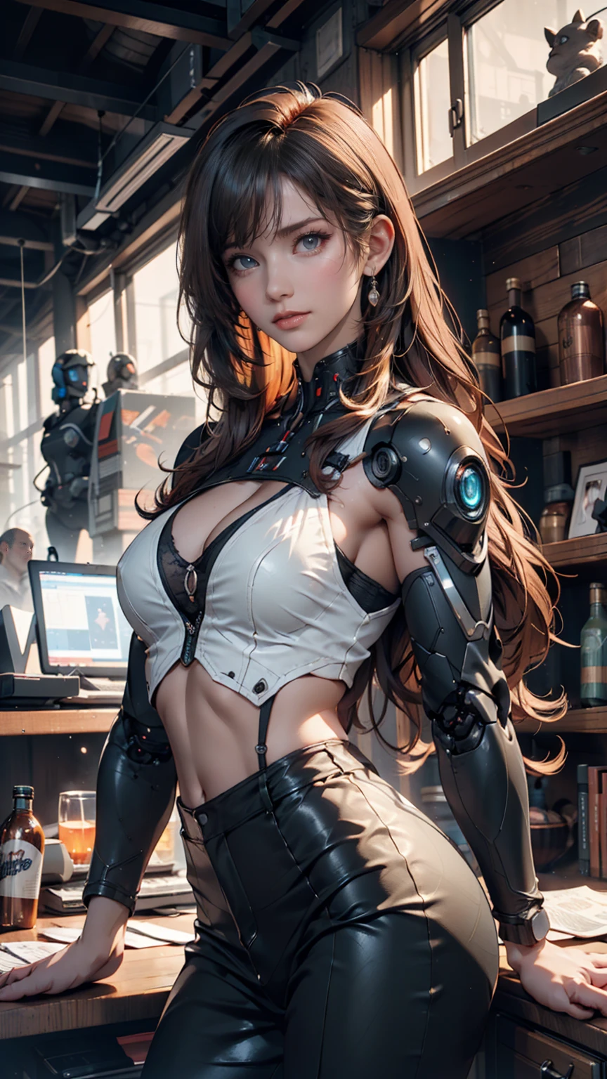 (tmasterpiece,top-quality,best qualityer,offcial art,Beauty and aesthetics:1.2),(1girll:1.3),extremedetailed,rich colourful,highest details((ultra - detailed)),(highly detailed CGillustration),((Extremely refined and beautiful)),looking at viewert,red hair,cinematric light,1girll,独奏,full bodyesbian,(The mechanical vertebral body is attached to the back),((The mechanical neck is attached to the neck)),(sitted),face expressionless,(Wires and cables are attached to the neck:1.2),(Wires and cables on the head:1.2)(Character Spotlight),scientific fiction,At the factory,blood,(gigantic and massive tits:1.1)