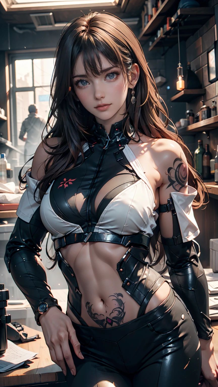 Raw, cinematic shot, (sharp focus:1.5), (photorealistic:1.4), twilight lighting, volumetric lighting, ultra high res, 16K,dramatic lighting, (fractal art:1.2),
1girl, 7rtifa, crop top, arm guards, fingerless gloves, suspenders, pleated miniskirt, black thighhighs, red boots
extreme detailed eyes, colorful, highest detailed,
vibrant colors, high contrast,
beautiful face, top body is hyper realistic thicc muscle and hyper largest_breasts, with the type of boobs melons, lower is huge buttocks, wet shiny body,