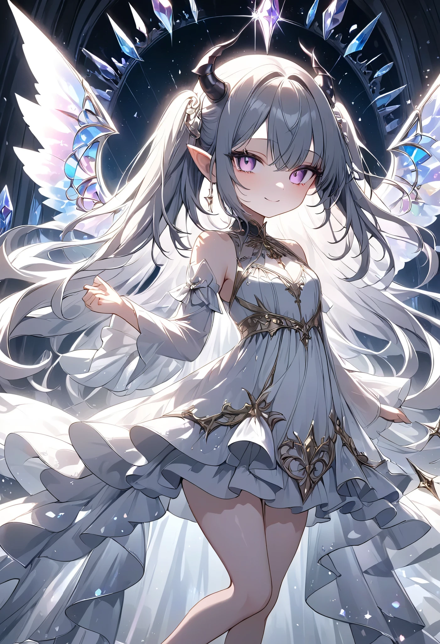 chibi, masterpiece, best quality, ultra-detailed, 1girl, dark gothic,drkgirl, demon attire, dark grow eyes, soft smile, light-filled background resembling death palace, delicate depiction crystal effect, flowing white and gold outfit, wings adorned with subtle sparkles, floating gracefully, dynamic pose, magical aura, pastel and soft lighting, whimsical and ethereal atmosphere, delicate and graceful composition