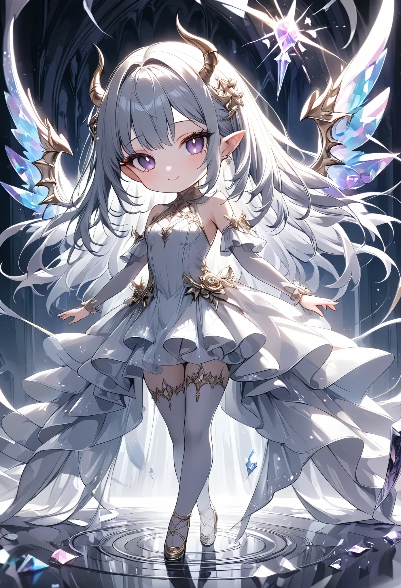 chibi, masterpiece, best quality, ultra-detailed, 1girl, dark gothic,drkgirl, demon attire, dark grow eyes, soft smile, light-filled background resembling death palace, delicate depiction crystal effect, flowing white and gold outfit, wings adorned with subtle sparkles, floating gracefully, dynamic pose, magical aura, pastel and soft lighting, whimsical and ethereal atmosphere, delicate and graceful composition