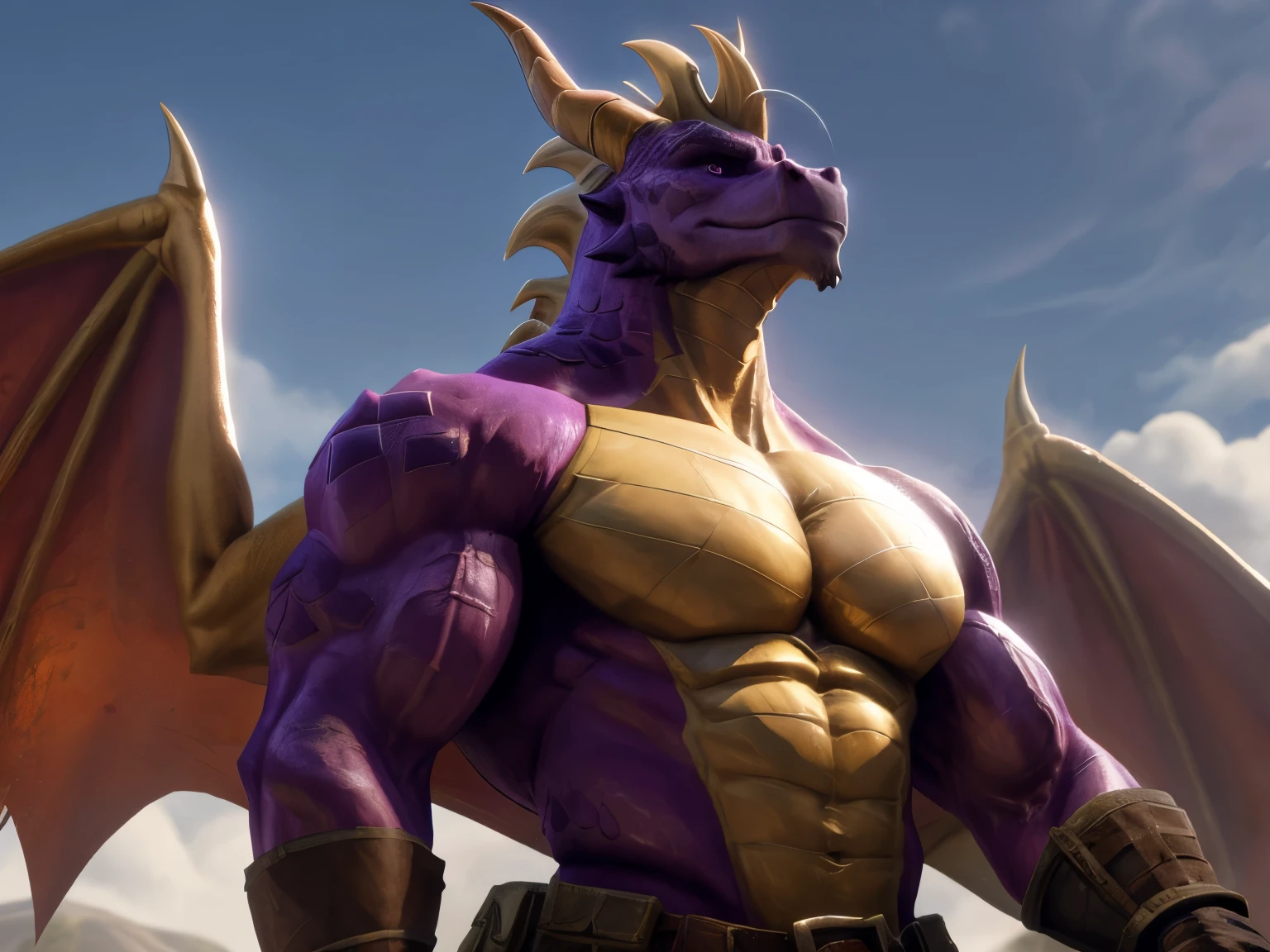 muscular male dragon, Spyro, Chad, bare chest muscles, medieval hero, adult, large, heroic pose, medieval fantasy, 2 Horns, 2 Wings, imposing, highly detailed, incredibly realistic, 8k, masterpiece, hyperrealistic, cinematic lighting, dramatic shadows, vivid colors, sharp focus, unreal engine, photorealistic, exquisite details