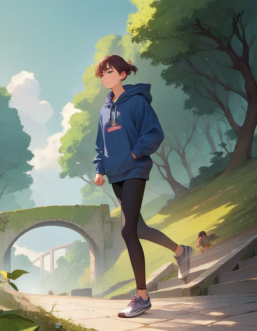 Thick Fog, OLD STONE BRIDGE, moss, Early morning run, On Bridge, hoodie, leggings, Running Shoes, anime, super detail, high details, award winning, anatomically correct, masterpiece