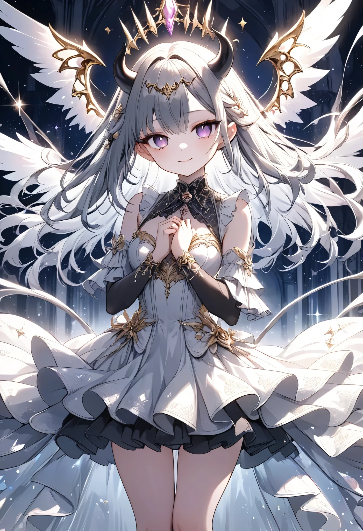 chibi, masterpiece, best quality, ultra-detailed, 1girl, dark gothic,drkgirl, demon attire, dark grow eyes, soft smile, light-filled background resembling death palace, delicate depiction crystal effect, flowing white and gold outfit, wings adorned with subtle sparkles, floating gracefully, dynamic pose, magical aura, pastel and soft lighting, whimsical and ethereal atmosphere, delicate and graceful composition