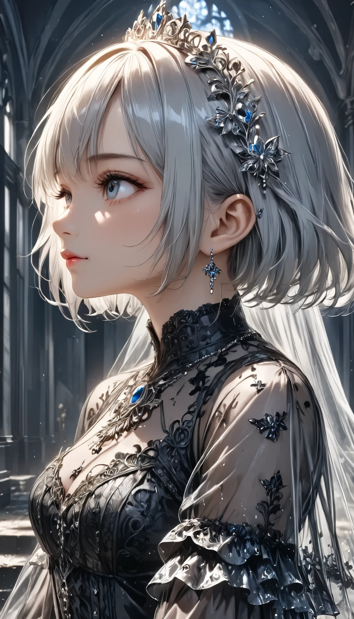 masterpiece, best quality, 8k, highres, ultra-detailed, HDR, UHD, anime style,1girl,full body,ground view,side view,Transparent white skin,drkgirl,dark gothic, delicate depiction crystal effect,