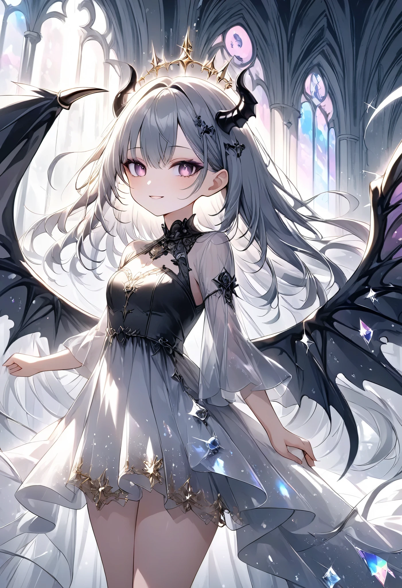 chibi, masterpiece, best quality, ultra-detailed, 1girl, dark gothic,drkgirl, demon attire, dark grow eyes, soft smile, light-filled background resembling death palace, delicate depiction crystal effect, flowing white and gold outfit, wings adorned with subtle sparkles, floating gracefully, dynamic pose, magical aura, pastel and soft lighting, whimsical and ethereal atmosphere, delicate and graceful composition