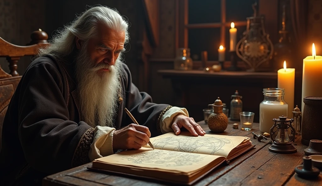 60-year-old Nostradamus , with his long gray hair and beard , in a richly decorated environment , illuminated by the light of several candles arranged on the table and around the room . He consults an astronomical chart while annotating observations in a leather-covered journal. The table, dark wood, is covered with glass jars , scrawled calculations and a miniature sundial .