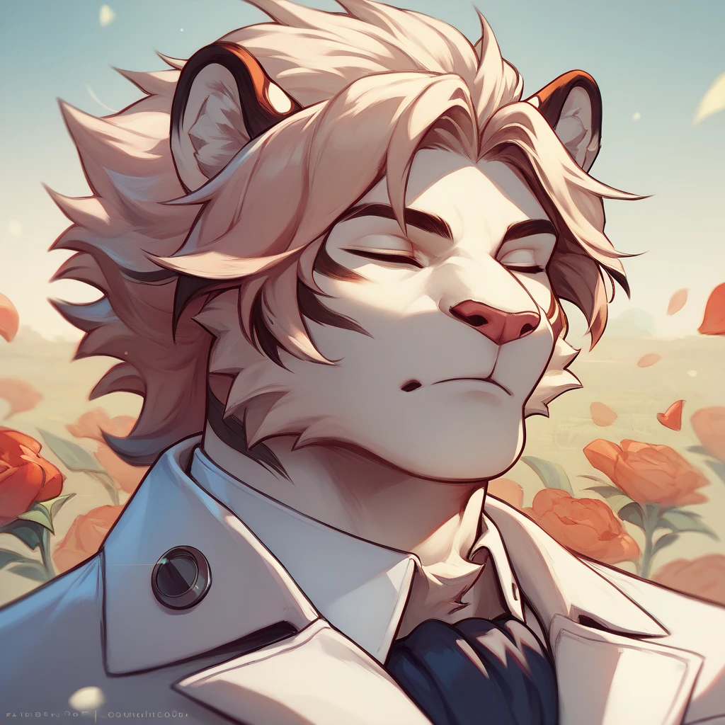 A juvenile tiger, Hairstyle ( long hair ), in white suit, with eyes closed, while holding a daffodil, on the face in the middle of a field of flowers behind, bottom, necessary. 