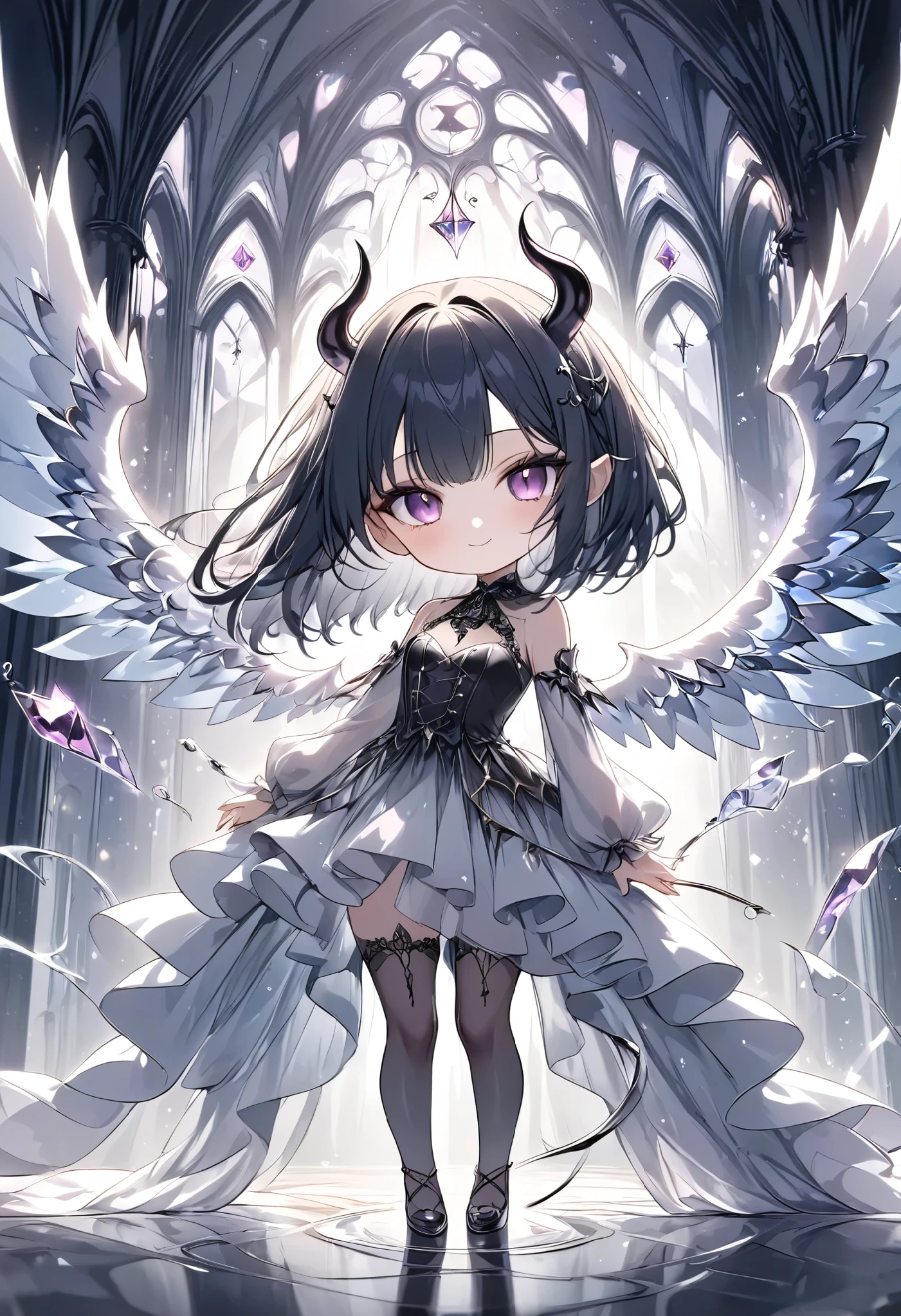 chibi, masterpiece, best quality, ultra-detailed, 1girl, dark gothic,drkgirl, demon attire, dark grow eyes, soft smile, light-filled background resembling death palace, delicate depiction crystal effect, flowing white and gold outfit, wings adorned with subtle sparkles, floating gracefully, dynamic pose, magical aura, pastel and soft lighting, whimsical and ethereal atmosphere, delicate and graceful composition