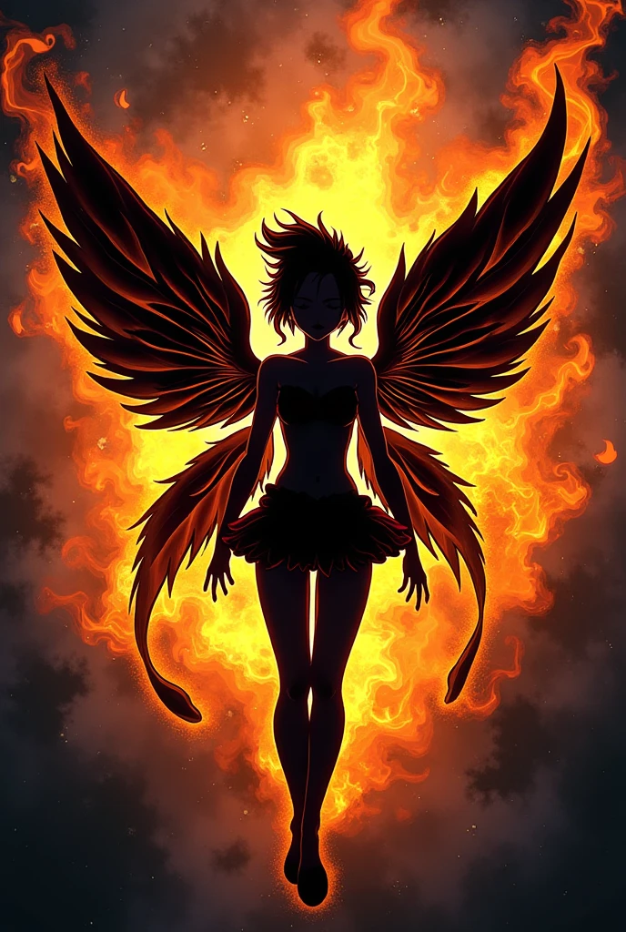 A 4K contrapicado digital painting of an injured evil fallen female angel with large wings surrounded by flames, plumage falling around, amidst crumbling rooftops in a burning apocalyptic city. Use shallow depth of field focused on the angel, cinematic lighting and shadows, in high resolution details.