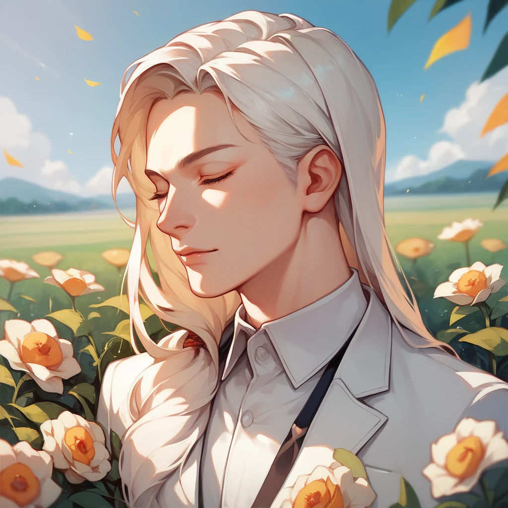 A juvenile tiger, Hairstyle ( long hair ), in white suit, with eyes closed, while holding a daffodil, on the face in the middle of a field of flowers behind, bottom, necessary. 