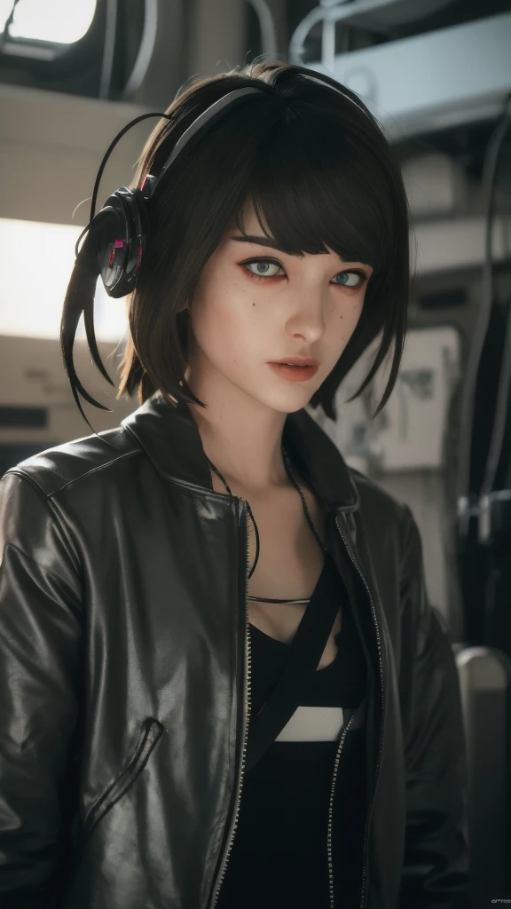 Top Quality, Masterpiece, Ultra High Resolution, (Photorealistic: 1.4), Raw Photo, 1 Girl, Black Hair, Glossy Skin, 1 Mechanical Girl, (Ultra Realistic Detail)), Portrait, Global Illumination, Shadows, Octane Rendering, 8K, Ultra Sharp, Big, Cleavage Exposed Raw Skin, Metal, Intricate Ornament Details, Headset, Hydraulic cylinder, very intricate details, realistic light, CGSoation trend, purple eyes, glowing eyes, facing the camera, neon details, mechanical limbs, blood vessels connected to the tube, mechanical vertebrae attached to the back, mechanical cervical attachment to the neck, sitting, wires and cables connecting to the head, evangelion, cyberpunk, small LED lamp, The background is the cockpit of a futuristic spaceship