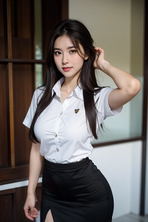 1girl, embarrassed, horny, perfect body, large breasts, fair skin, lite makeup, straight dark brown hair, Thai university uniform, white short arm shirt,  black pencilskirt, sexy pose, standing, legs, photo, from top, soft light, martial art, medium quality