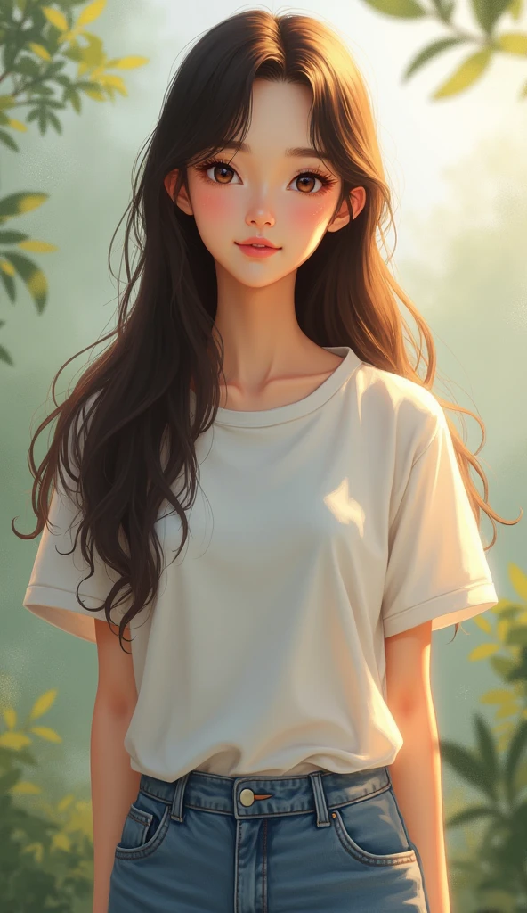 A teenage girl with blue eyes and long black hair, wearing a white t-shirt and jeans. With a relieved expression and a small smile while standing in the park.