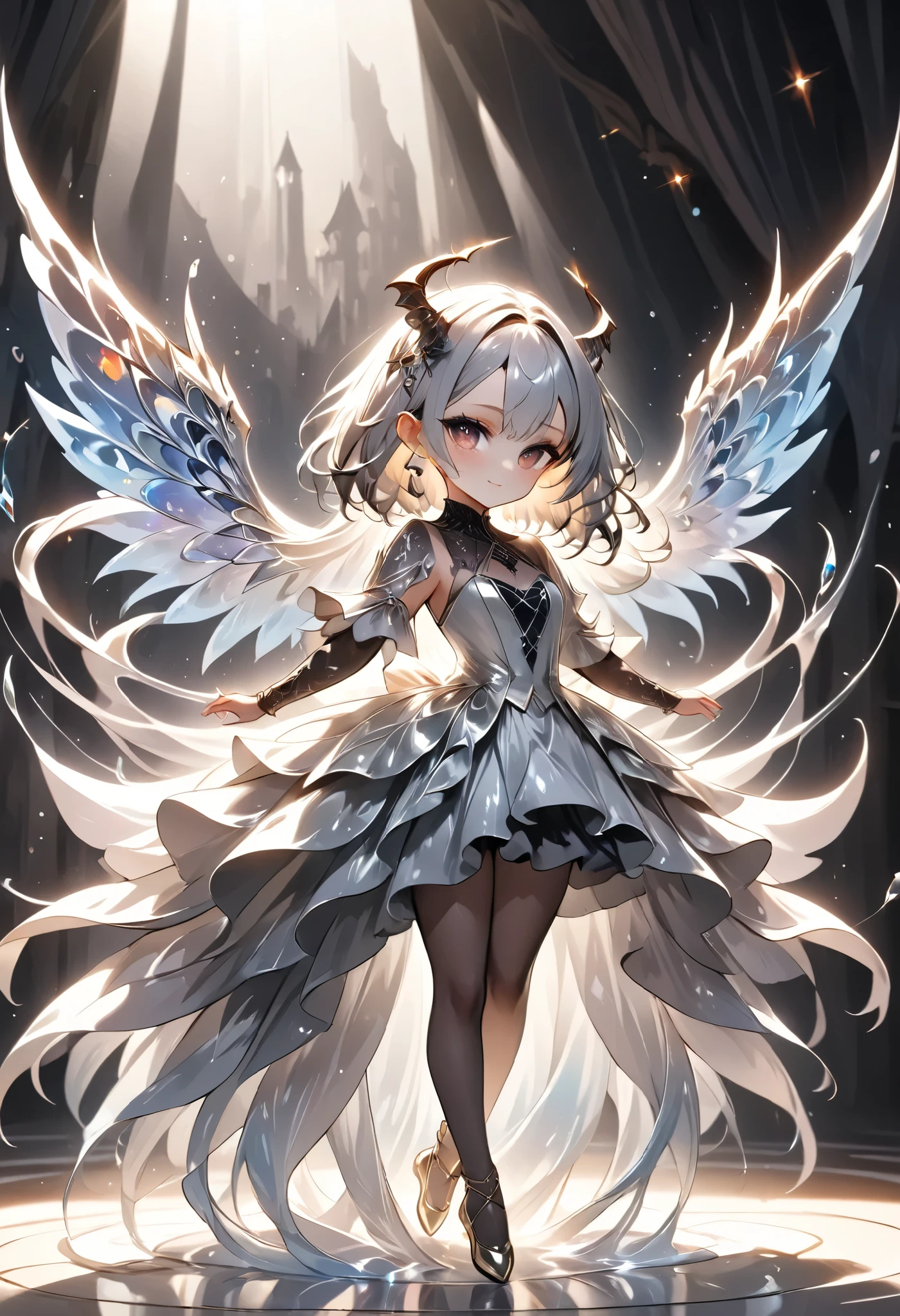 chibi, masterpiece, best quality, ultra-detailed, 1girl, dark gothic,drkgirl, demon attire, dark grow eyes, soft smile, light-filled background resembling death palace, delicate depiction crystal effect, flowing white and gold outfit, wings adorned with subtle sparkles, floating gracefully, dynamic pose, magical aura, pastel and soft lighting, whimsical and ethereal atmosphere, delicate and graceful composition