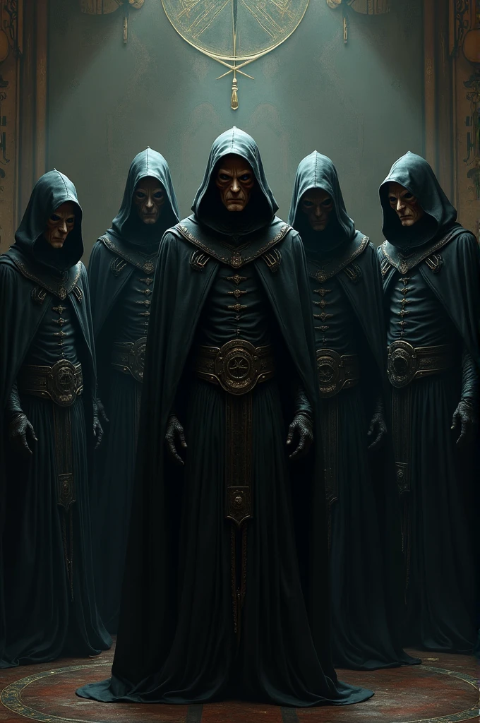Create an image of, ten mens, offwhite, long black hair, yellow eyes, black cloak covering the body, blue chains coming out of its back.