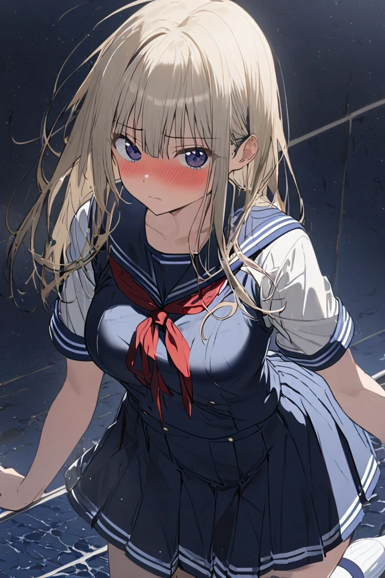 (1 girl, straight hair),
(spread out your hands attack to me),
(face is embarrassed look), 
(piping school swimsuit navy one piece), 
(high socks navy:1.2), 
(wear a navy blue sailor uniform), 
loafers, 
(pleated skirt navy), 
(at night)