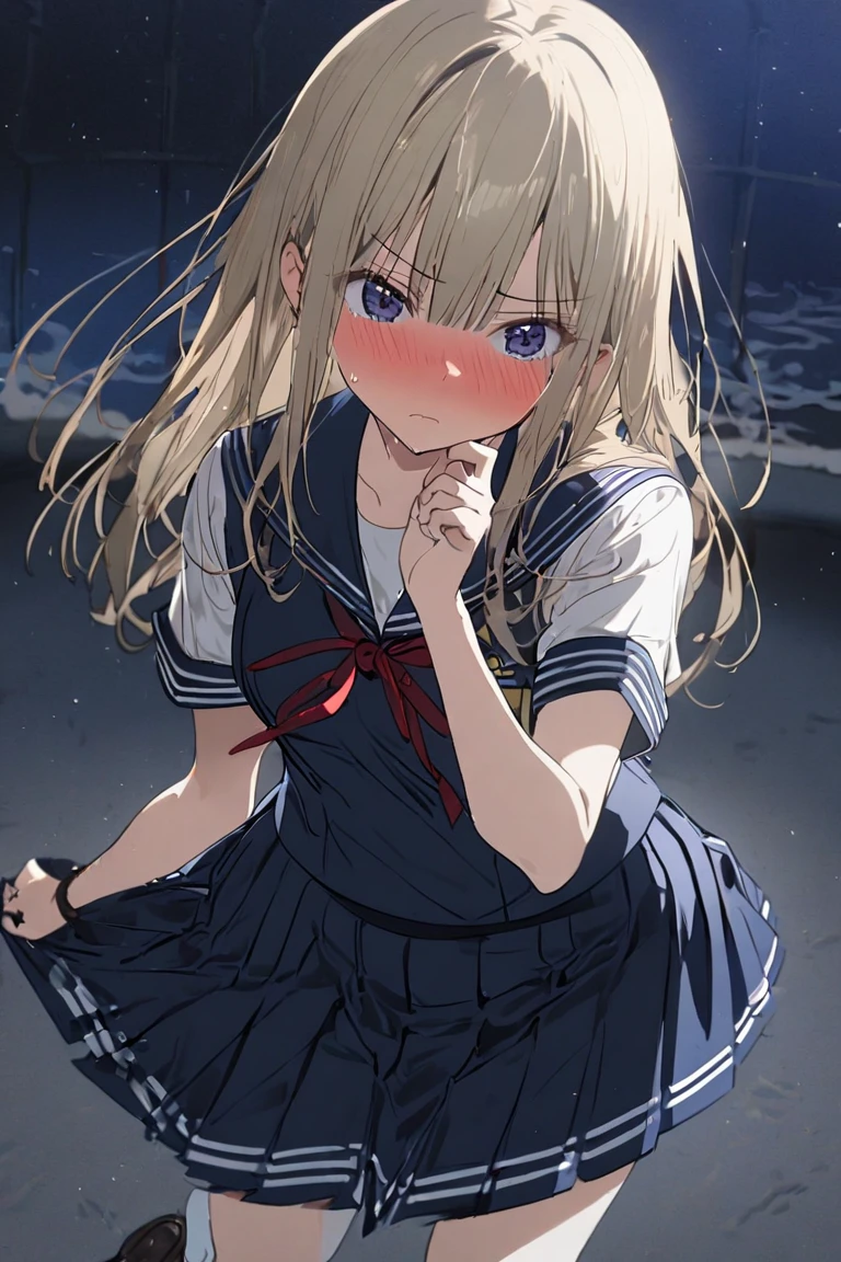 (1 girl, straight hair),
(spread out your hands attack to me),
(face is embarrassed look), 
(piping school swimsuit navy one piece), 
(high socks navy:1.2), 
(wear a navy blue sailor uniform), 
loafers, 
(pleated skirt navy), 
(at night)