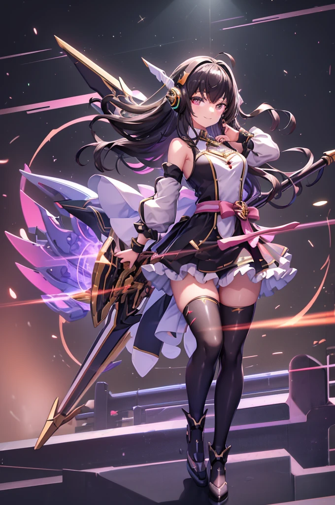 (1 girl),(high quality), (High resolution), (extremely detailed), (8K),(focus on lower body),(CG),female university student、beautiful girlfriend、magic knight costume、Magic Swordsman、witch、pleated skirt、sexy panties、(black knee high stockings:1.2)、erect nipple shape、No shoes、(neutral white lighting),sexy pose