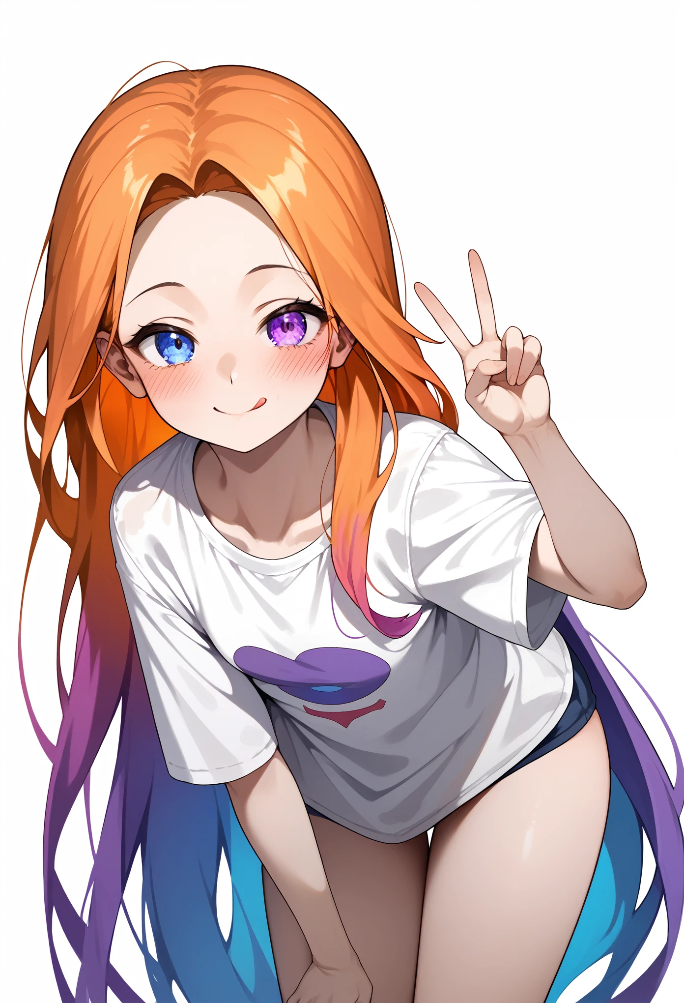 Masterpiece, Anime, 1girl, ZoeLoLXL, mature, purple eyes, (blue eye), heterochromia, orange hair, multicolored hair, gradient hair, purple hair, very long hair, forehead, small breasts, white shirt, oversized shirt, smile, tongue out, blush, cute, full frame, leaning forward, hand on thigh, (peace sign), thighs, looking at viewer, leaning, white background, simple background, score_9, score_8_up, score_7_up, unaestheticXL_bp5