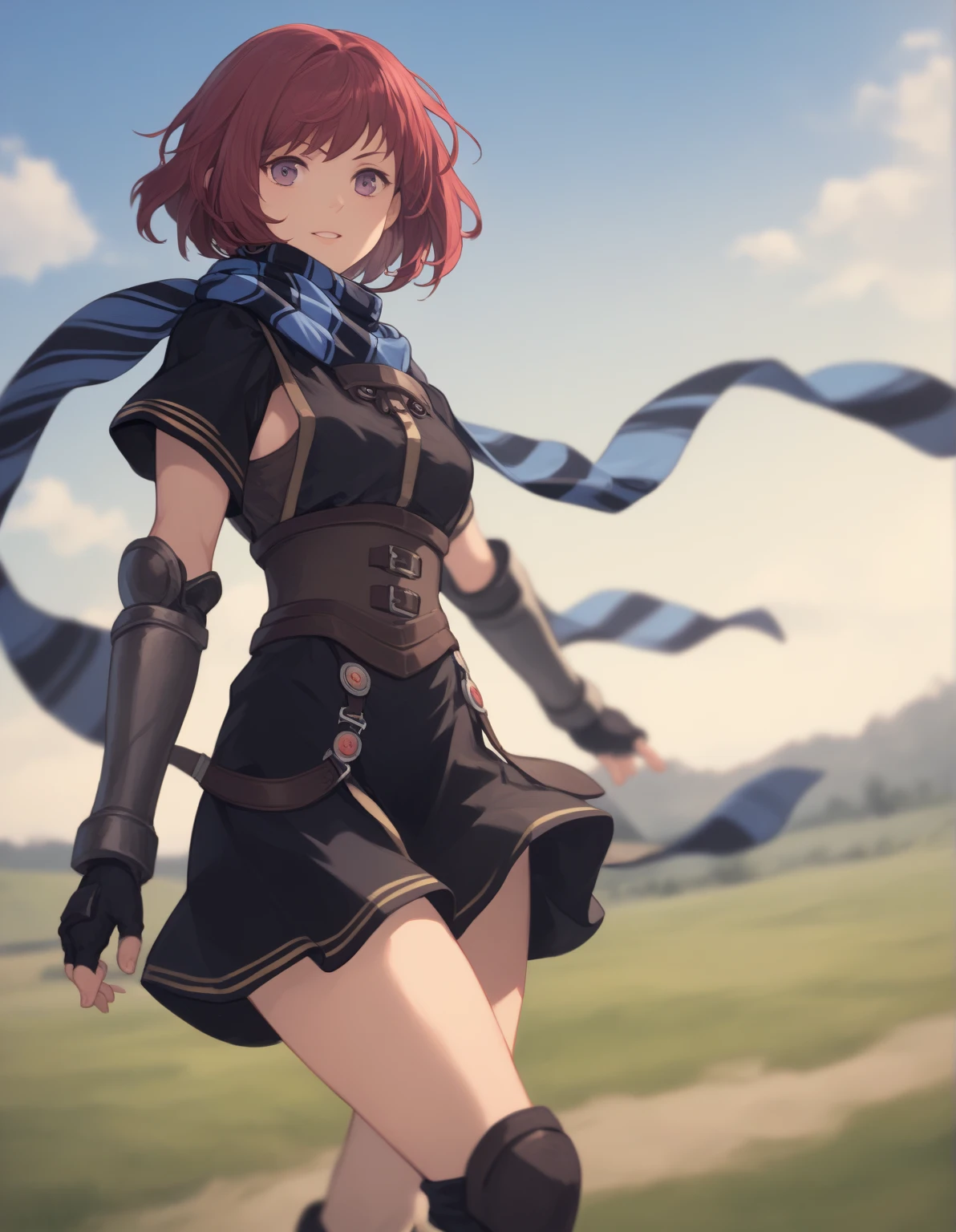  score_9,   score_8_up,  score_7_up nel zelpher,  black dress, Short dress,  striped scarf, Arm guard, Fingerless gloves,  Black Knee-High,
depth of Field, Field