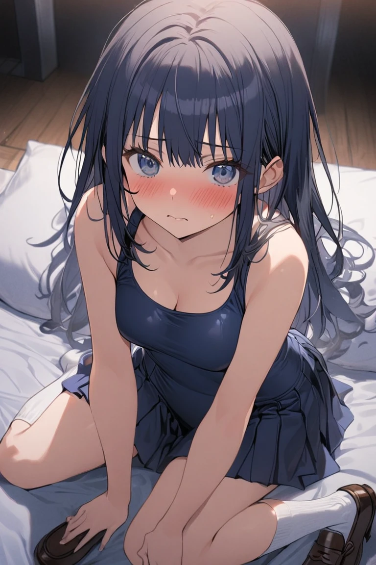 (1 girl, straight hair),
(spread out your hands attack to me),
(face is embarrassed look), 
(piping school swimsuit navy one piece), 
(high socks navy:1.2), 
(wear a navy blue sailor uniform), 
loafers, 
(pleated skirt navy), 
(at night)