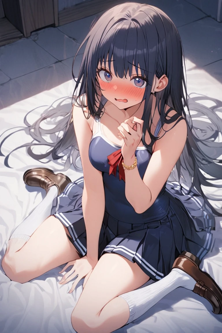 (1 girl, straight hair),
(spread out your hands attack to me),
(face is embarrassed look), 
(piping school swimsuit navy one piece), 
(high socks navy:1.2), 
(wear a navy blue sailor uniform), 
loafers, 
(pleated skirt navy), 
(at night)