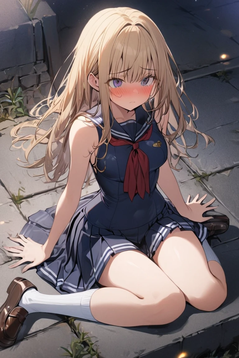 (1 girl, straight hair),
(spread out your hands attack to me),
(face is embarrassed look), 
(piping school swimsuit navy one piece), 
(high socks navy:1.2), 
(wear a navy blue sailor uniform), 
loafers, 
(pleated skirt navy), 
(at night)