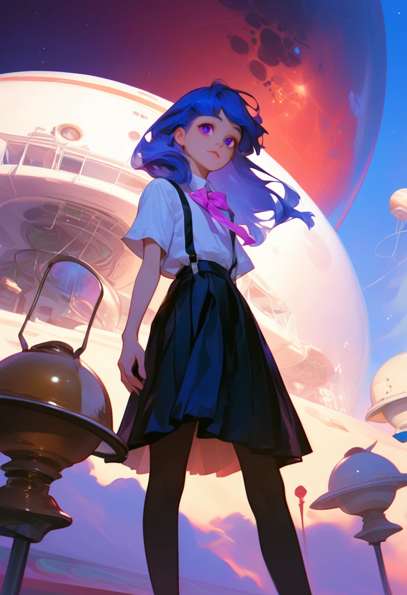 Furude Rika,  girl, Alone, Still Time , Flowing Skirt , Space Is Distorted , Surreal, Dreamy Scenery,Fantastic Light,  blue hair ,  purple eyes,  white shirt ,  pink ribbon  ,  suspenders,  black skirt ,