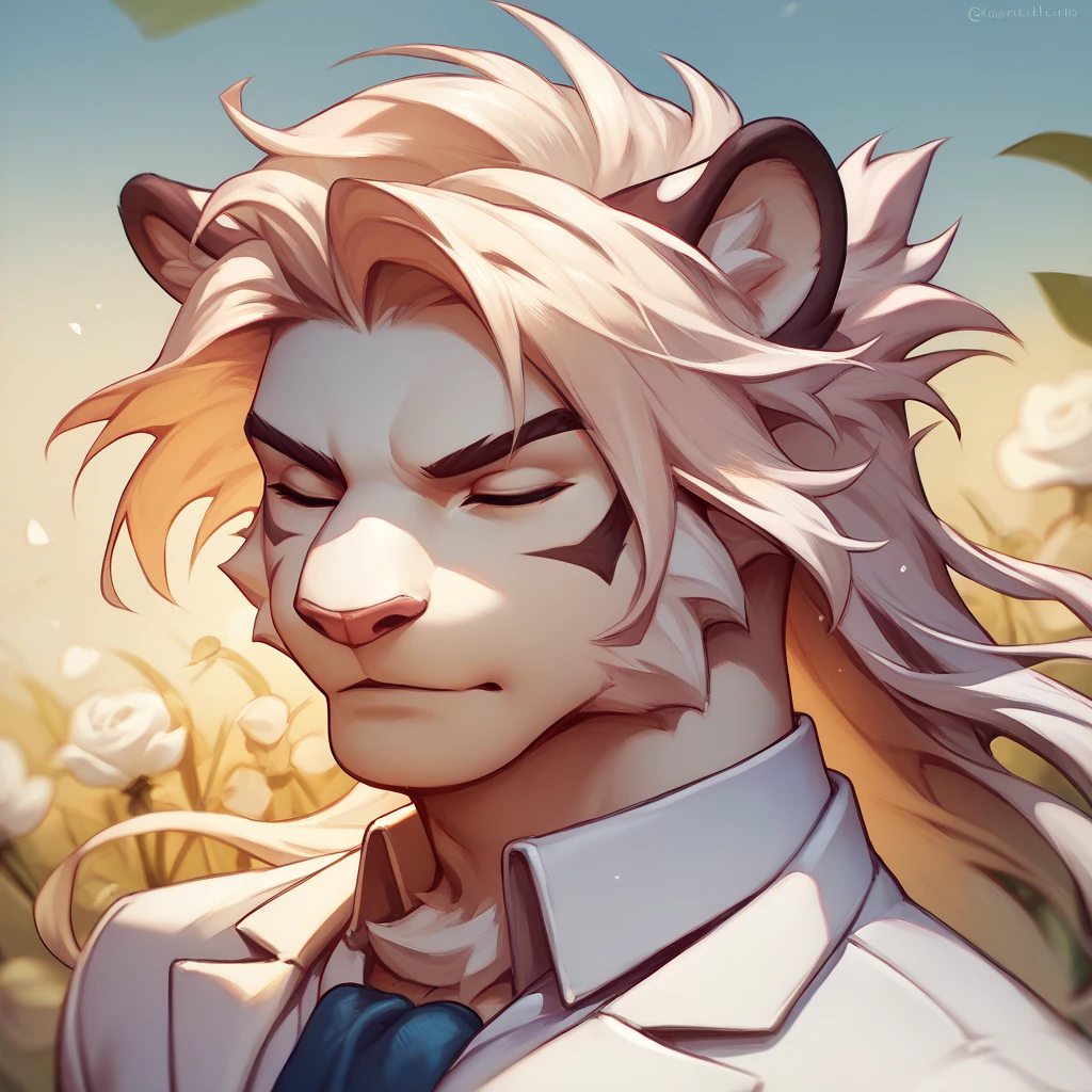 A juvenile tiger, Hairstyle ( long hair ), in white suit, with eyes closed, while holding a daffodil, on the face in the middle of a field of flowers behind, bottom, necessary. 