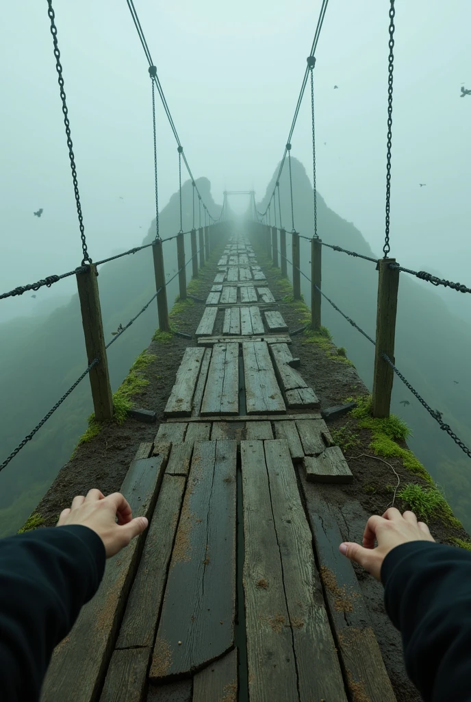  photorealism ,(view from the photographer's eyes ,  we can't see ourselves only with our hands leaning on the bridge floor  ) after all fours ,horror,  we see our hands , we are holding on to the flooring of an ancient suspension bridge , стоим на четвуереньках на древнем мосту  first person view , looking forward and down , some of the boards have long been destroyed and in the gaps we see a deep chasm,  ahead, the bridge hides in the fog ,  so that its end is unknown ,ancient suspension bridge , partially destroyed and rotten , maximum details ,maximum quality , an atmosphere of fear and uncertainty , we stand on a bridge that goes into fog and uncertainty , bats float in the sky ,атмосфера фильма horrorов, ( first person view ), the bridge is very old and dilapidated , covered with moss and rot ,