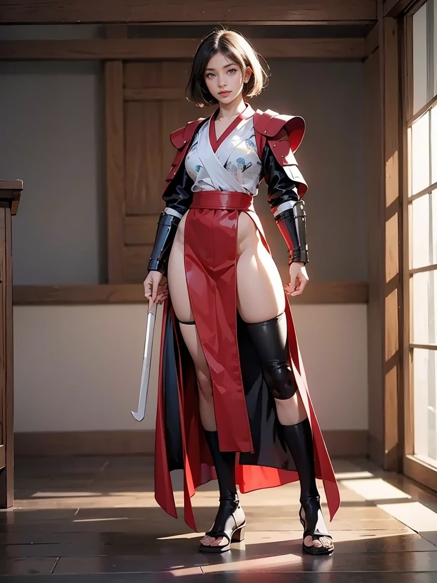 RAW Photo, 4k, Realistic, Delicate and Meticulous Skin), Masterpiece, Best Quality, Official Art, Unity 8k Wallpaper, Ultra Detail, (Soft Light), Cinematic Look, High Saturation, Best Anatomy, Volume Fog, Slim Body, medium breast,  Full Body, 1 Girl, Red Clothes, (with Weapon on the Waist), Sword, Long Hair, Brunetette, Solo, Blood, Armguards, Complex Background, Looking at the Audience, Black Eyes, Cloth, Floating Hair, Evil Smile, Hanfu, Dynamic Movement, Dynamic Pose, Bandages wrapped around hands, dust carried by the wind, one hand bring sword, (riding a horse; 1.5）