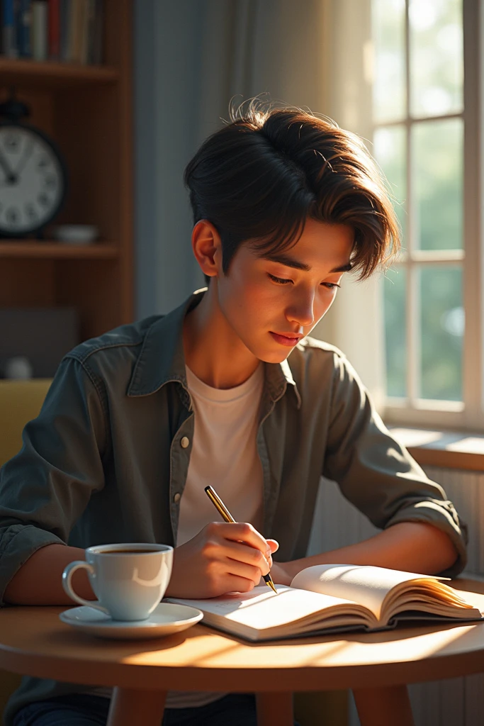 boy sitting in chair reading book, coffe cup at right hand of the table