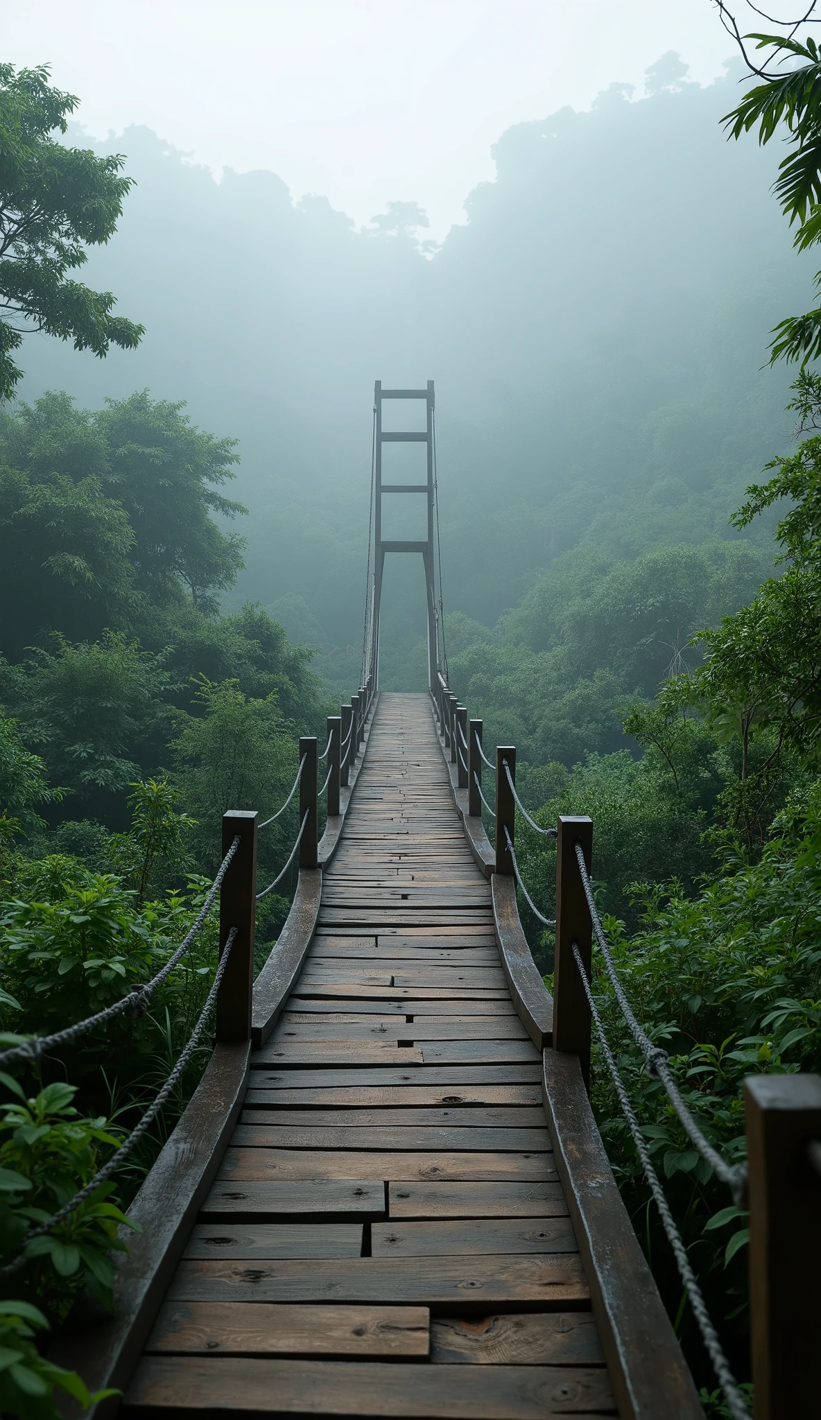 a wooden suspension bridge in the middle of a dense jungle, fog surrounding the bridge, the bridge is viewed head-on, lush exotic vegetation and trees in the background, (best quality,4k,8k,highres,masterpiece:1.2),ultra-detailed,(realistic,photorealistic,photo-realistic:1.37),HDR,UHD,studio lighting,ultra-fine painting,sharp focus,physically-based rendering,extreme detail description,professional,vivid colors,bokeh,landscape,cinematic lighting,moody atmosphere