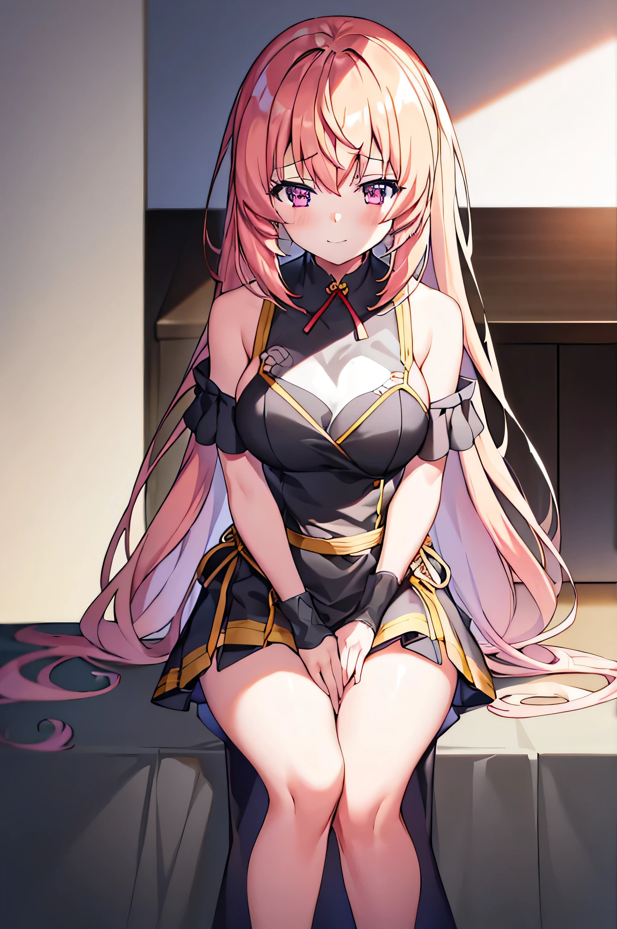  1 girl at home, Alone of, Chest, 长of_hair, 高抬Leg, Purple_Eye, garter_Shoulder strap, ,  Smile, Orange of_hair, hair_bow, Watch_exist_受众, bow, two_side_up, medium of_Chest, Sitting, red of_bow, hand_between_Leg,  clavicle , signature, Ahog, collar, between_Leg, off_Shoulder,  blush, labcoexist,  bangs, Blur of, The brown of_高抬Leg, Wavy_hair, skirt, only of_Shoulders, closure_Mouth, Blur of_background, :3,  cross knit _clothing, red of_skirt, _username, black of_collar, black of_高抬Leg, Open_clothing, depth_of_Place, 