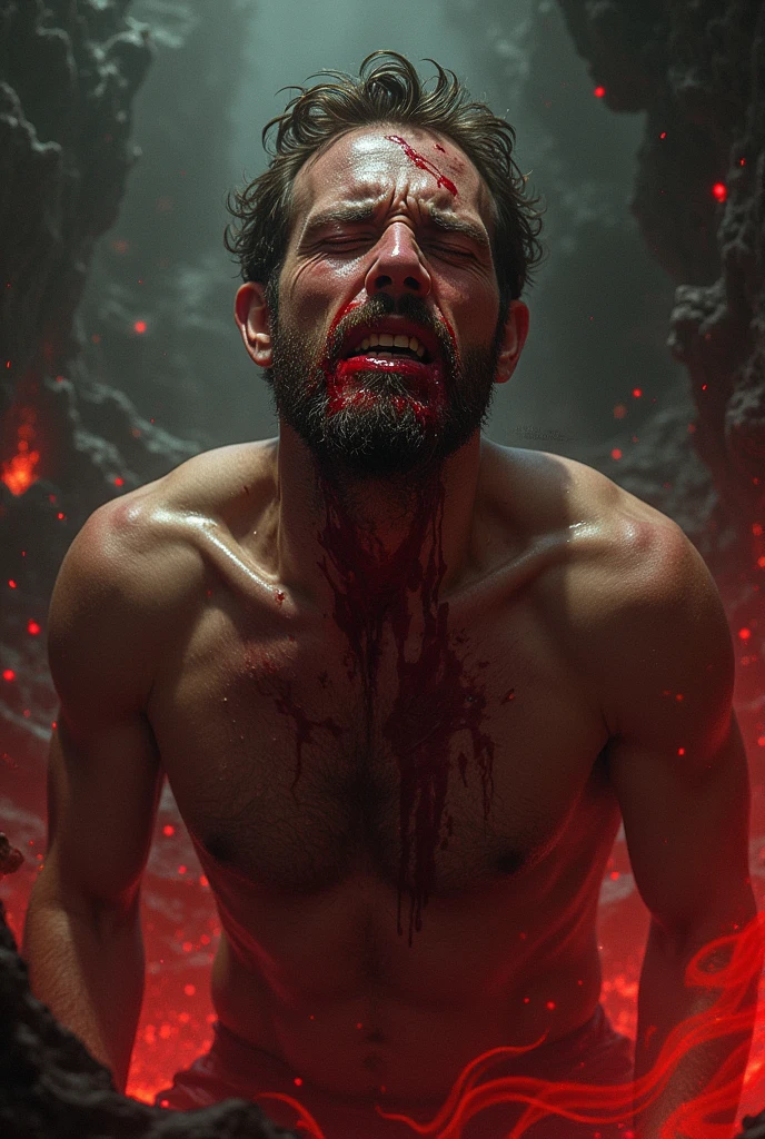 Member badge. Theme: Halloween movie horror, featuring the busts (chest and face) of a Isaac Clarke-like character, splattered with blood, under eerie moonlit lighting.
