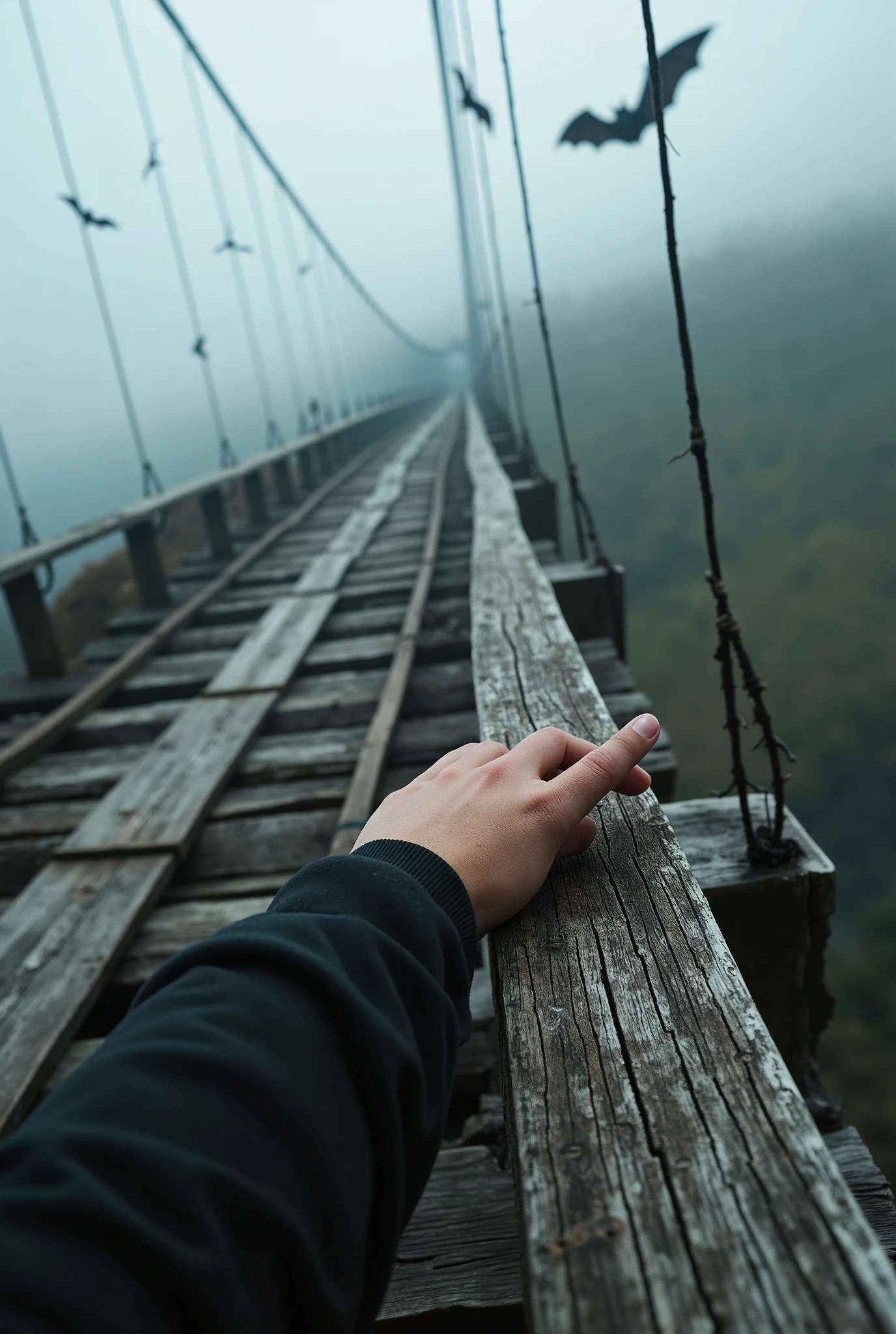  photorealism ,(view from the photographer's eyes , we don't see ourselves, we only see our hands with which we hold on to the railing)  we see our right male hand , holding on to the railing of an ancient bridge,  we are standing on an ancient bridge , looking forward and down , some of the files have long been destroyed and we see a deep abyss in the gaps,  ahead, the bridge hides in the fog ,  so that its end is unknown ,ancient suspension bridge , partially destroyed and rotten , maximum details ,maximum quality , an atmosphere of fear and uncertainty , we stand on a bridge that goes into fog and uncertainty , bats float in the sky , horror movie atmosphere , ( first person view )