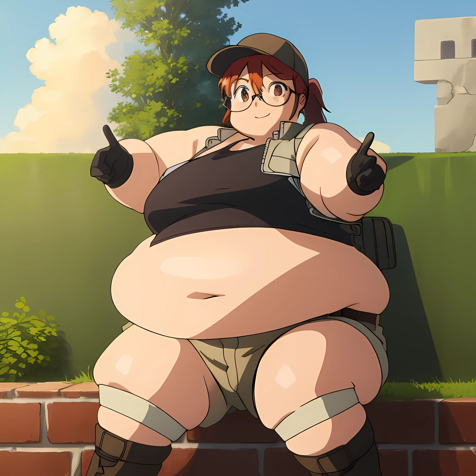 (masterpiece, best quality:1.2),illustration,8k,hd,1girl,solo,upper body,(portrait:1.2),large breasts,round eyewear,hat,crop top,midriff,gloves,navel,baseball cap,knee pads,short shorts,ponytail,boots,brown eyes,brown shorts,belt,smile, pack,brown headwear,red hair,hip vent,tank top,long hair,vest,huge breasts, upper body,outdoors, obese, chubby, fat, belly, gigantic arms and legs, growing fatter, perfect quality ((glasses 1.2))