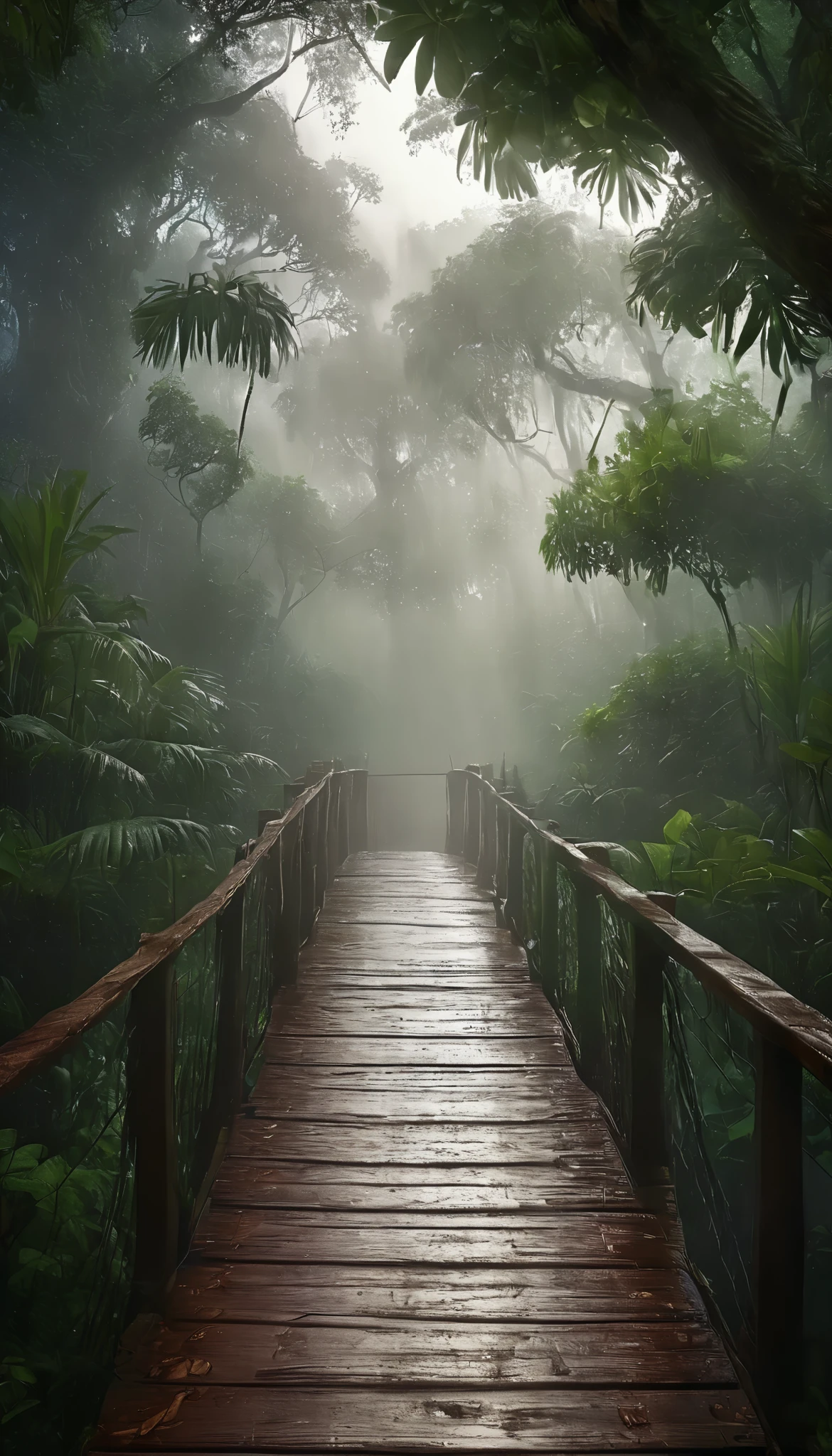 a wooden suspension bridge in the middle of a dense jungle, fog surrounding the bridge, the bridge is viewed head-on, lush exotic vegetation and trees in the background, (best quality,4k,8k,highres,masterpiece:1.2),ultra-detailed,(realistic,photorealistic,photo-realistic:1.37),HDR,UHD,studio lighting,ultra-fine painting,sharp focus,physically-based rendering,extreme detail description,professional,vivid colors,bokeh,landscape,cinematic lighting,moody atmosphere