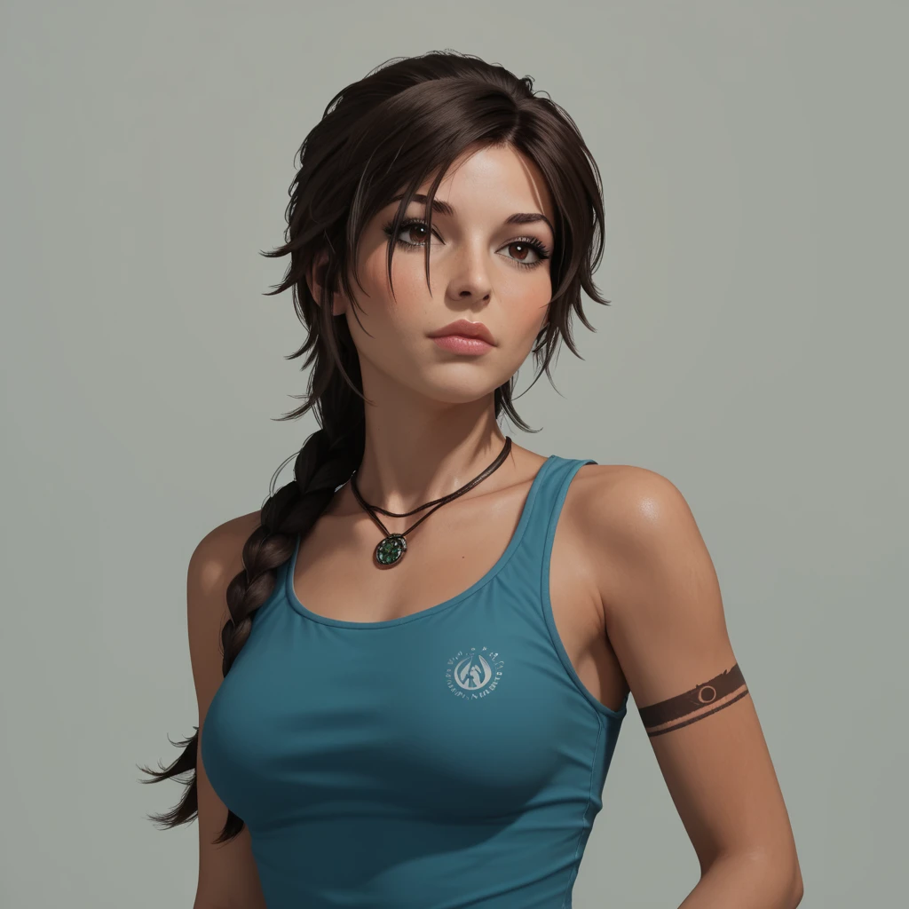 Lara Croft with perfect features, beautiful detailed eyes, brown eyes, beautiful detailed lips, closed mouth, extremely detailed face and skin, long eyelashes, casual clothes, solo, vivid colors, best quality, 4k, ultra detailed, high resolution, masterpiece, photorealistic, cinematic lighting, dramatic shadows, blue lights background