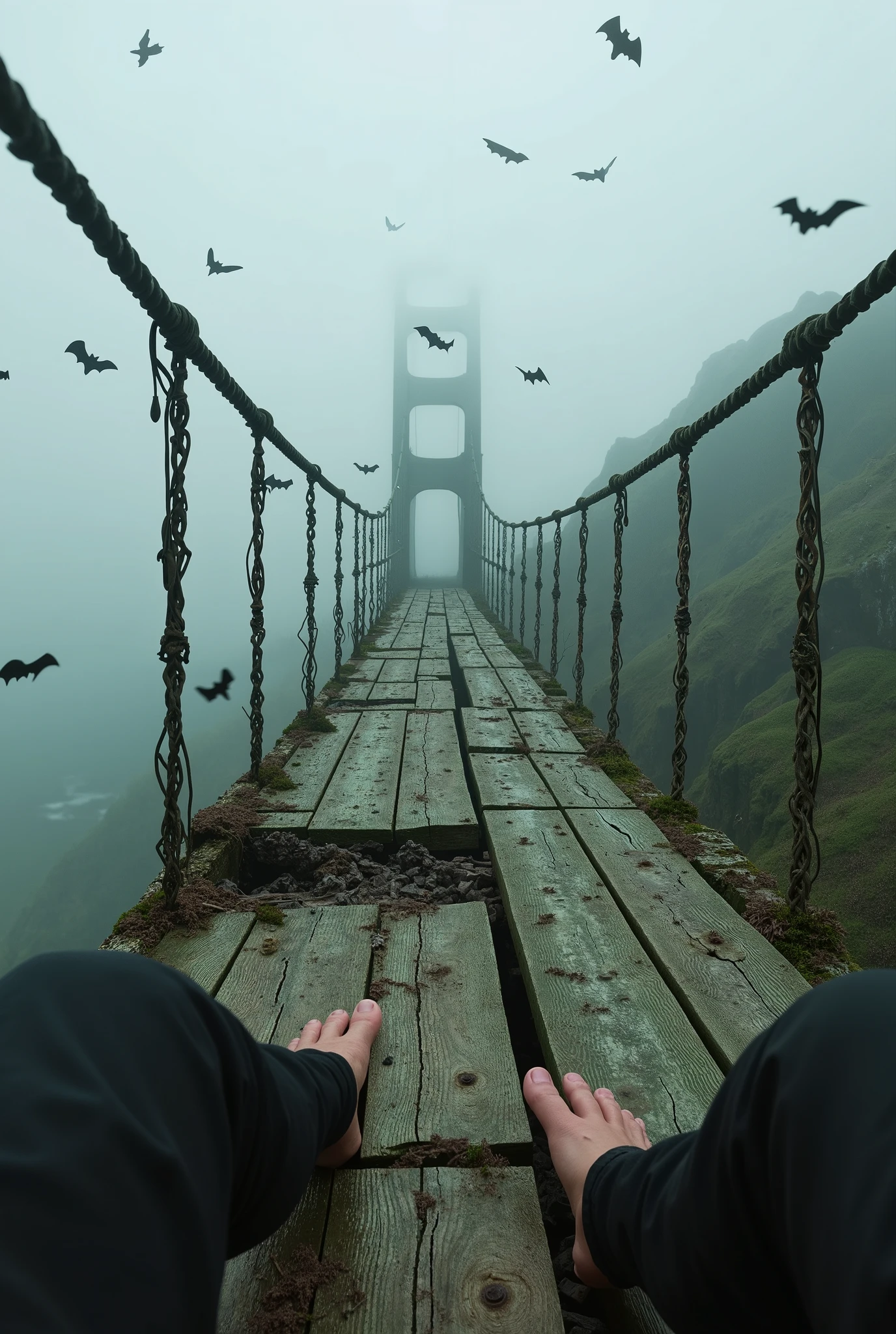  photorealism ,(view from the photographer's eyes ,  we can't see ourselves only with our hands leaning on the bridge floor  ) after all fours ,horror,  we see our hands , we are holding on to the flooring of an ancient suspension bridge , стоим на четвуереньках на древнем мосту  first person view , looking forward and down , some of the boards have long been destroyed and in the gaps we see a deep chasm,  ahead, the bridge hides in the fog ,  so that its end is unknown ,ancient suspension bridge , partially destroyed and rotten , maximum details ,maximum quality , an atmosphere of fear and uncertainty , we stand on a bridge that goes into fog and uncertainty , bats float in the sky ,атмосфера фильма horrorов, ( first person view ), the bridge is very old and dilapidated , covered with moss and rot ,