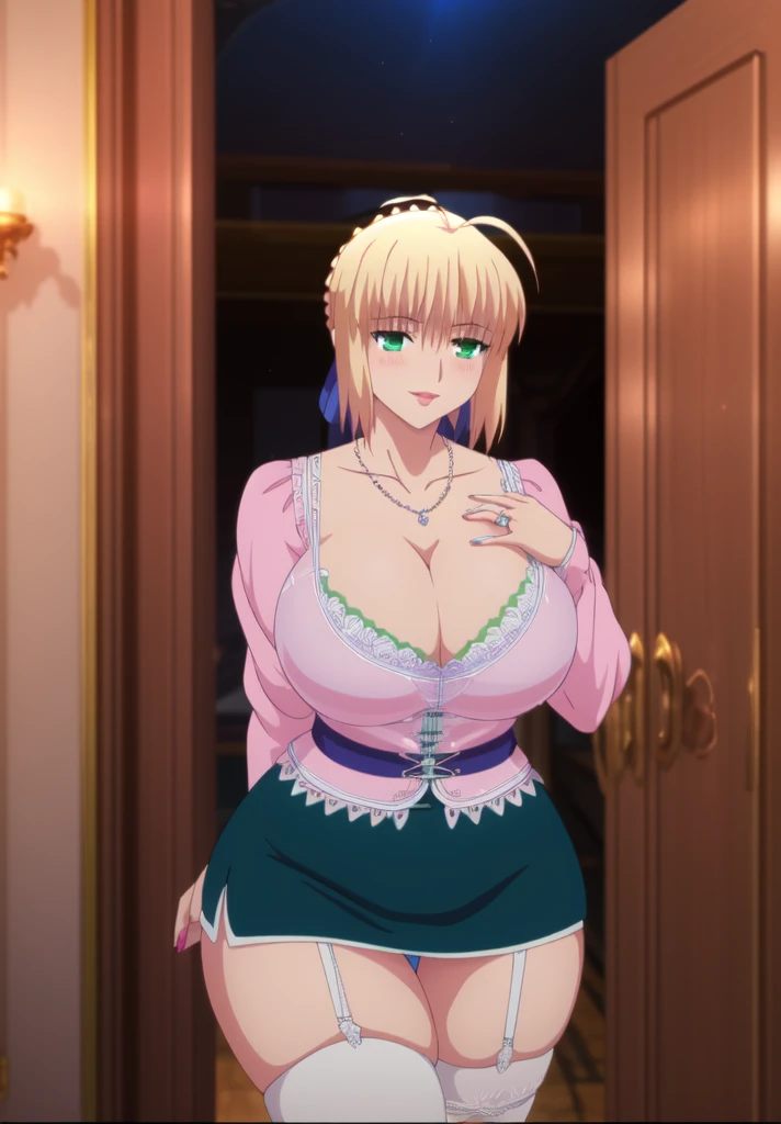    Artoria pendragon,Big breast,Cleavage,Long wavy hair,Wedding ring,green earring,Colored long nail,Curvy figure,Short skirt,Necklace,((Short skirt)),Glossy lips,garter belt,pink shirt,light blush,Smile,Red lipstic,Skindentation